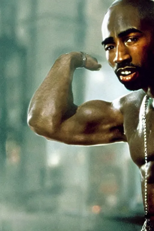 Prompt: film still of Tupac as John McClane in Die Hard, 4k