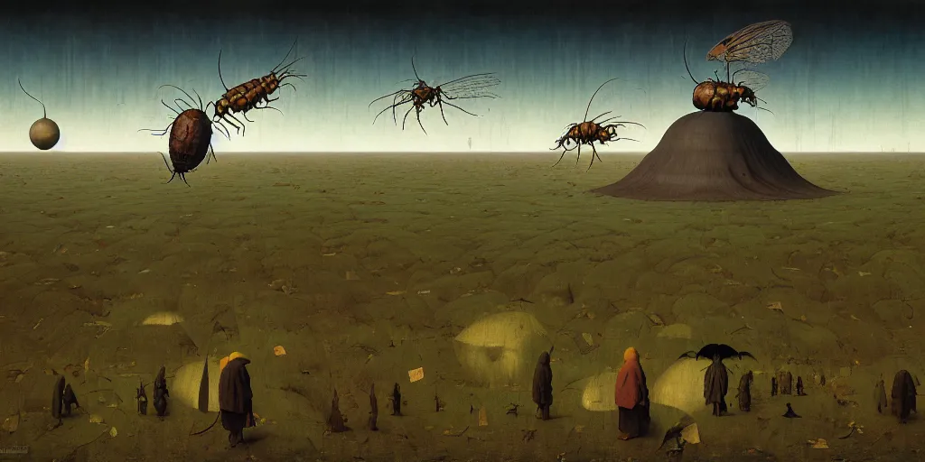 Image similar to cicada, as a matte oil painting, surreal, fog, concept art, award - winning, extremely detailed, sharp focus, very coherent and colorful high contrast masterpiece by norman rockwell franz sedlacek hieronymus bosch dean ellis simon stalenhag rene magritte gediminas pranckevicius, dark shadows, sunny day, hard lighting