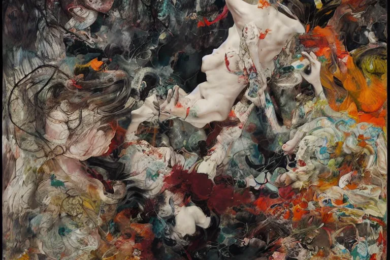 Image similar to the physical impossibility of death, bodies entwined, gothic, rich deep colours, painted by francis bacon, adrian ghenie, james jean and petra cortright, part by gerhard richter, part by takato yamamoto. 8 k masterpiece