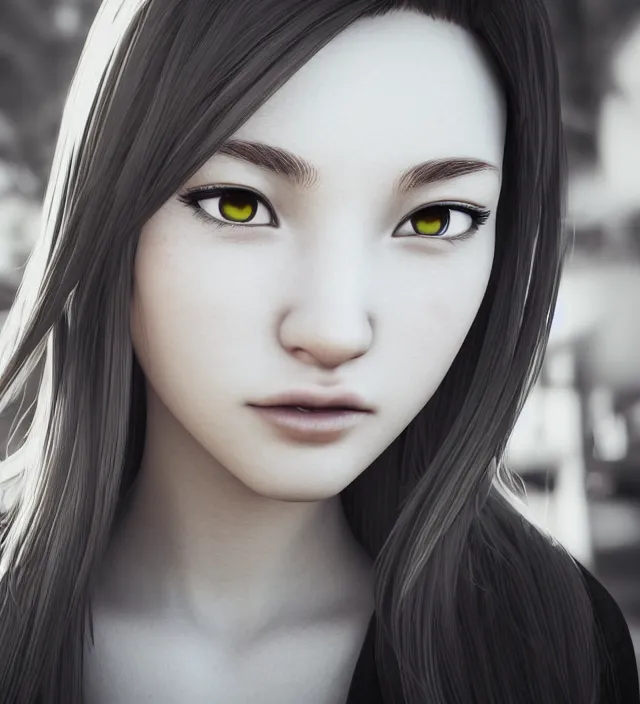 Image similar to photo rendering of a beautiful girl epic photorealistic portrait in toriyama miyazaki squareenix pixar vray noir style depth of field lens in flare leica zeiss detailed trending award winning on flickr artstation