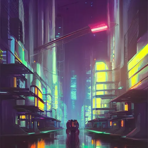 Image similar to a beautiful matte masterpiece of futuristic cyber punk city at night by rhads, trending on artstation, featured on behance, intricate, rectilinear.