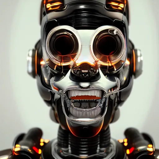 Prompt: portrait of a robot that is a soundcloud robot full of face tattoos and grills in its teeth, stunning photo, cinematic lighting, perfect composition, 8K, ultra-detailed , Trending on artstation, Octane render, Unreal Engine, highly detailed