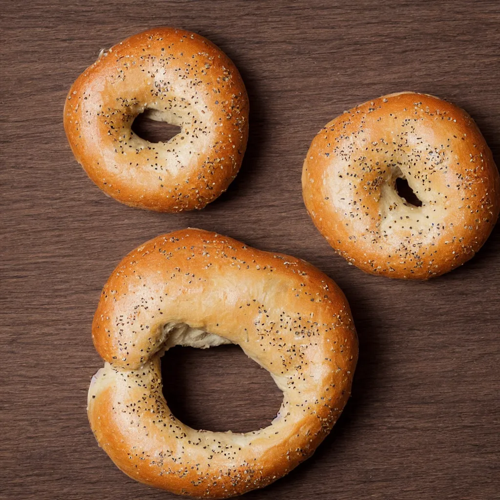 Prompt: close - up view of a singular solo bagel on top of a wooden table, 8 k, high detail, photorealistic, proper shading