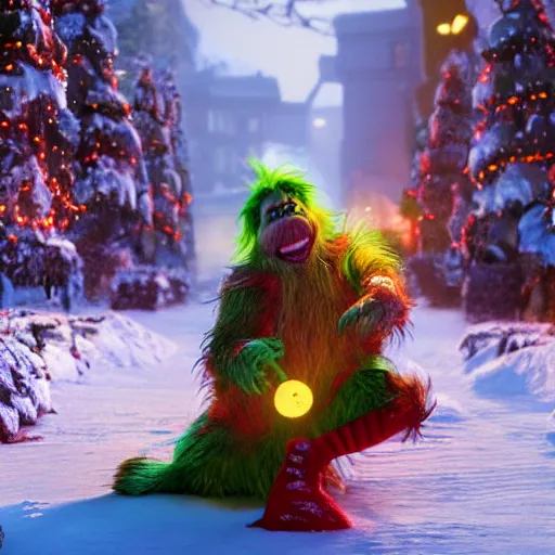 Image similar to john goodman as the grinch in the movie the grinch, still from movie, cinematic, 4 k, octane render,