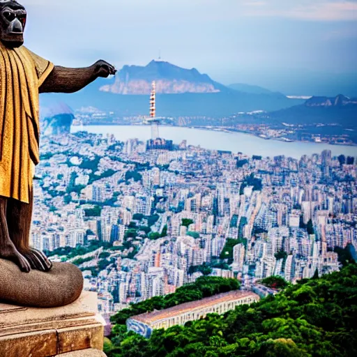 Image similar to high quality portrait of a monkey in front of Christ The Redeemer, studio photograph, photograph, realistic photo, 8k photo, 4k photo, stock photo, high resolution, cinematic shot, high detail