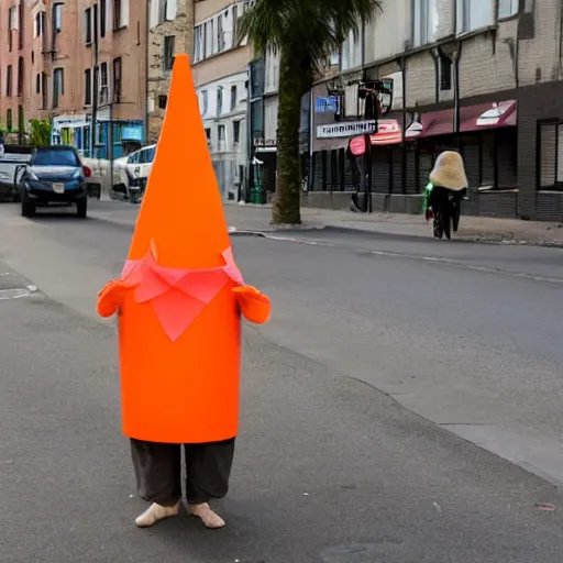 Prompt: a drunk ginger man with a cone on his wobbling down the street in the evening,