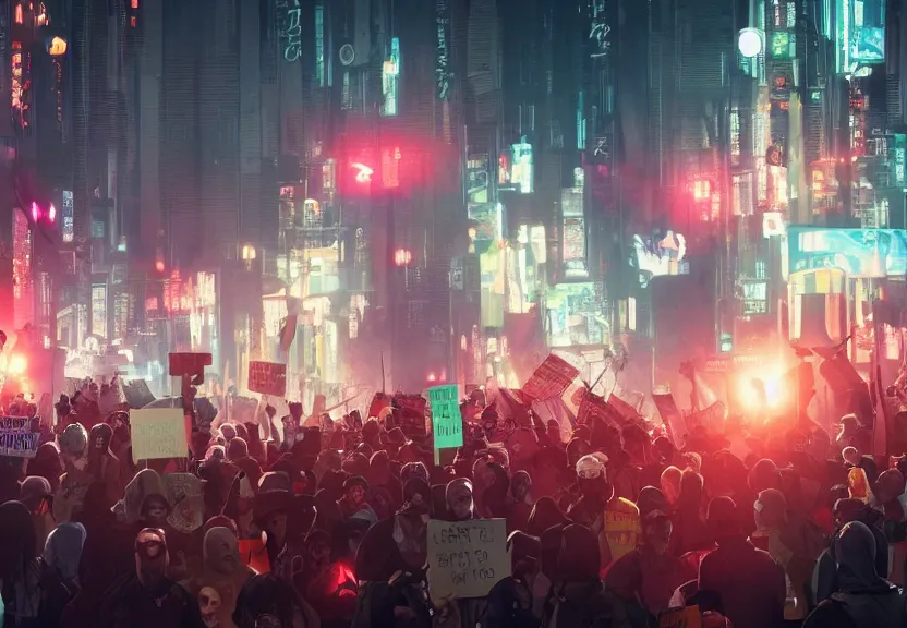 Prompt: angry protesters holding placards, digital illustration by greg rutkowski, android netrunner, cyberpunk city background, colored lighting
