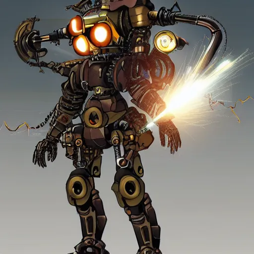 Image similar to a steampunk mech - suit that can shoot lazers, anime, plain background, cinematic lighting, finely detailed,