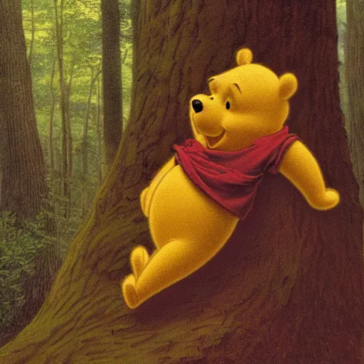 Prompt: highly detailed portrait of winnie the pooh ((winnie the pooh)) near a giant fallen sequoia tree. Fog. Painting by Caspar David Friedrich,Caravaggio, 4k, sepia tone