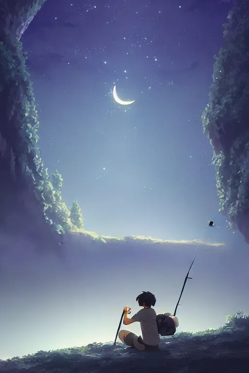 Image similar to a highly detailed matte painting of a fishing under crescent moon and stars by studio ghibli, makoto shinkai, by artgerm, by wlop, by greg rutkowski, volumetric lighting, octane render, 4 k resolution, trending on artstation, masterpiece