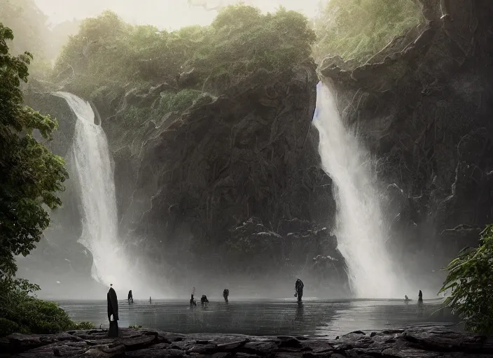 Prompt: a figure with a black robe is standing at the base of a waterfall, a detailed matte painting by filip hodas, cgsociety, fantasy art, matte painting, concept art, terragen