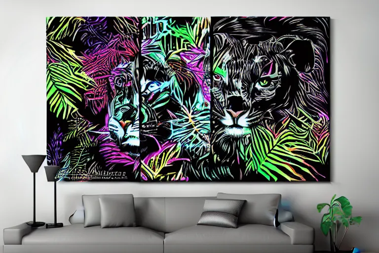 Prompt: neon jungle on black canvas, detailed illustration, artstation