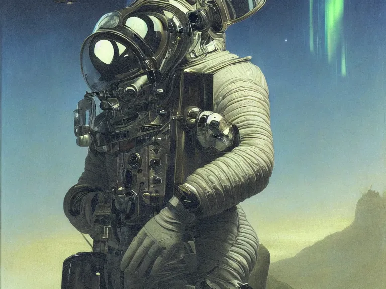 Image similar to a detailed profile oil painting of pilot in a spacesuit with reflective visor, flight suit, portrait symmetrical and science fiction theme with aurora lighting by beksinski carl spitzweg and tuomas korpi. baroque elements, full-length view. baroque element. intricate artwork by caravaggio. Trending on artstation. 8k