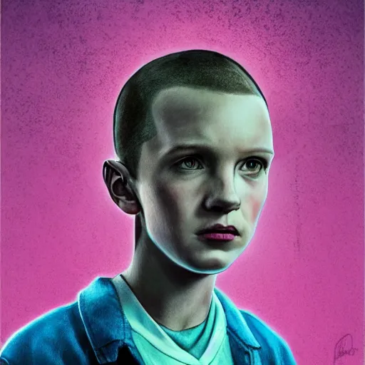 Image similar to portrait of Eleven from the stranger things by (((Mazzoni Marco))),dark ,detailed ,flowers on hair ,portrait,