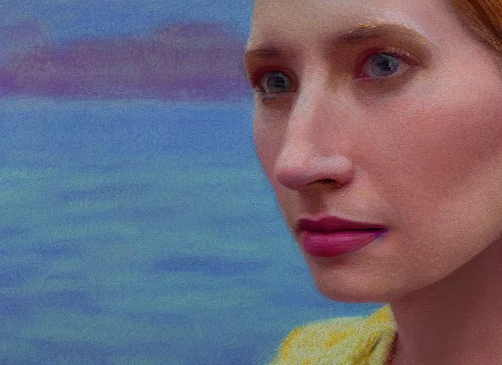 Image similar to cinematic mid shot of a high detail, refined woman's face looking off camera. fine facial features. she stands in an empty, pastel colourful 3 d, lake scene, shallow depth of field, floating in the sky, by jeffrey smart and gregory crewdson and edward hopper, inspired by the grand budapest hotel