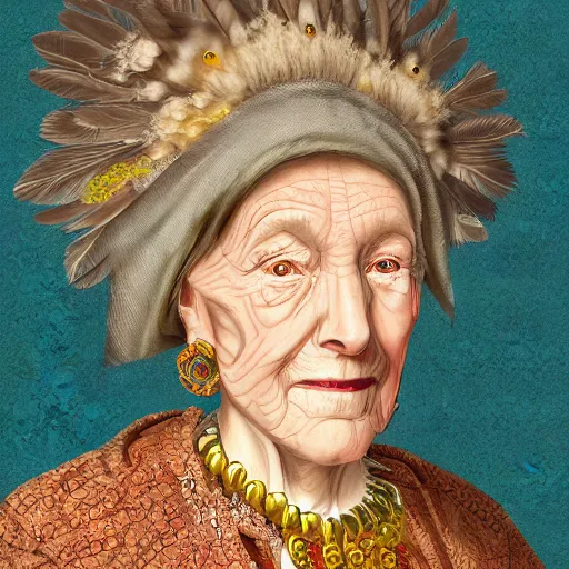 Prompt: portrait headshot digital painting of a old 17th century old lady cyborg merchant, amber jewels, clorful feathers, baroque ornate clothing