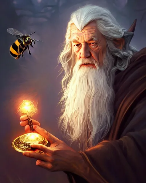 Image similar to Gandalf the grey casting a bee spell, crimson led, glowing, D&D, fantasy, intricate, elegant, highly detailed, digital painting, artstation, concept art, matte, sharp focus, illustration, hearthstone, art by Artgerm and Greg Rutkowski and Alphonse Mucha