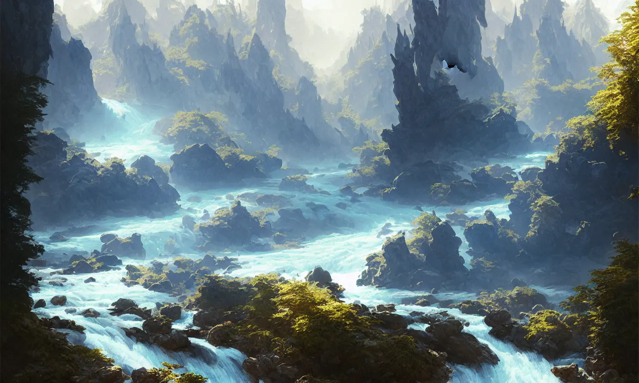 Image similar to Mountain river flows through a fantasy landscape gorge. A big blue lake in the middle of the mountains. Fabulous nature, amazing seascape, highly detailed, digital painting, artstation, concept art, smooth, sharp focus, illustration, art by greg rutkowski and alphonse mucha