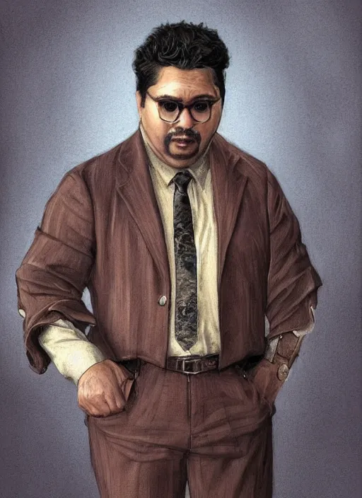 Image similar to portrait of Harvey Guillen from the TV series What We Do in the Shadows (2019), highly detailed, centered, solid color background, digital painting, artstation, concept art, smooth, sharp focus, illustration, artgerm, donato giancola, Joseph Christian Leyendecker, Les Edwards, Ed Repka, WLOP, Artgerm