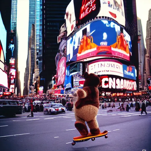 Prompt: photo teddy bear riding skateboard in times square, cinestill, 800t, 35mm, full-HD