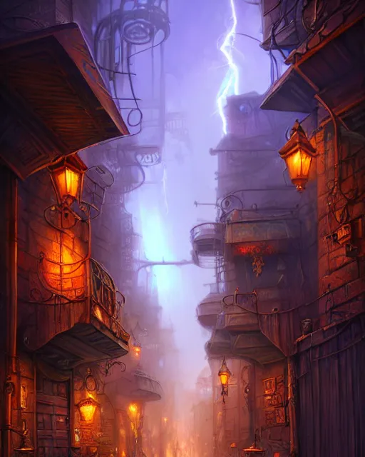 Image similar to street view of an otherworldly alley in the planescape city named sigil, crowded, beautiful digital painting in the style of wlop, volumetric lightning, intricate details, ultra realistic, by art germ, by gerard brom, steampunk, fantasypunk, deep colors, amazing d & d art, trending cgsociety, artstation, sharp