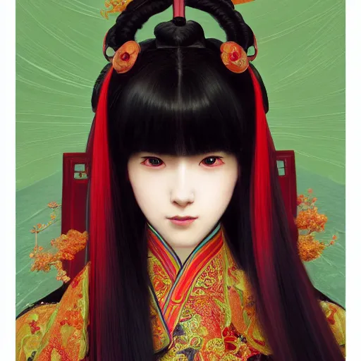 Image similar to a beautiful portrait of hatsune miku with long black and deep red colored hair dressed as a 1 6 th century chinese noblewoman, intricate, elegant, highly detailed, digital painting, artstation, concept art, matte, sharp focus, illustration, art by greg rutkowski and alphonse mucha