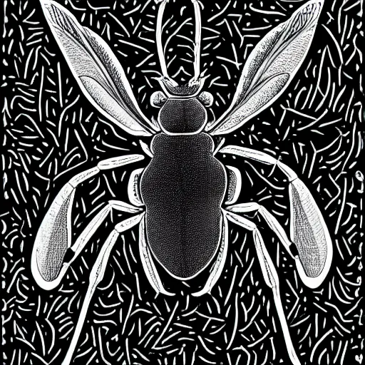 Image similar to male stag beetle, black and white, botanical illustration, black ink on white paper, bold lines