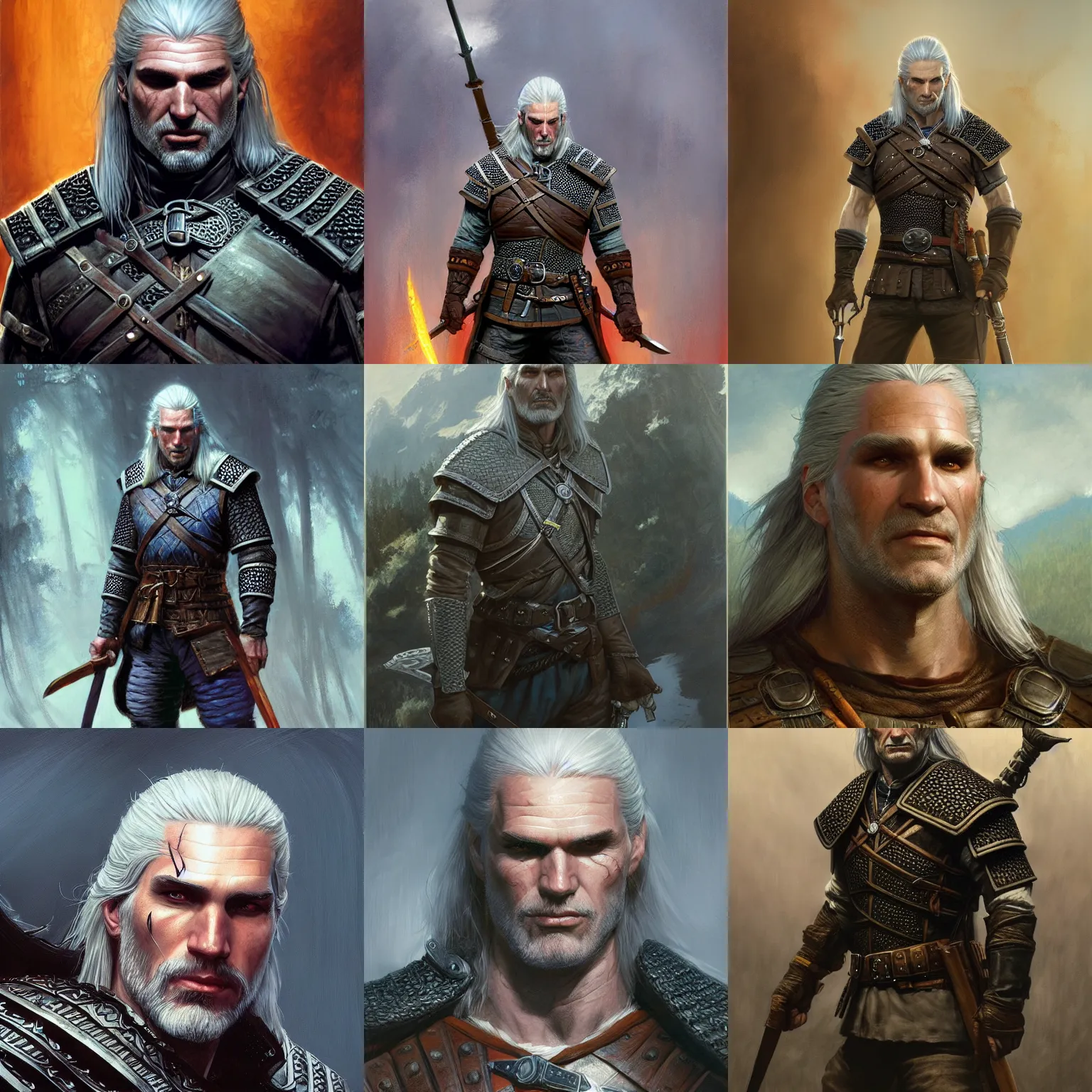 Prompt: Geralt of Rivia, fantasy character art by Donato Giancola, Craig Mullins, digital art, trending on artstation