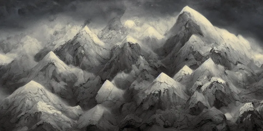 Image similar to A jagged mountain range earthquake, clouds, illustration, detailed, smooth, soft, cold, by Adolf Lachman, Shaun Tan, Surrealism