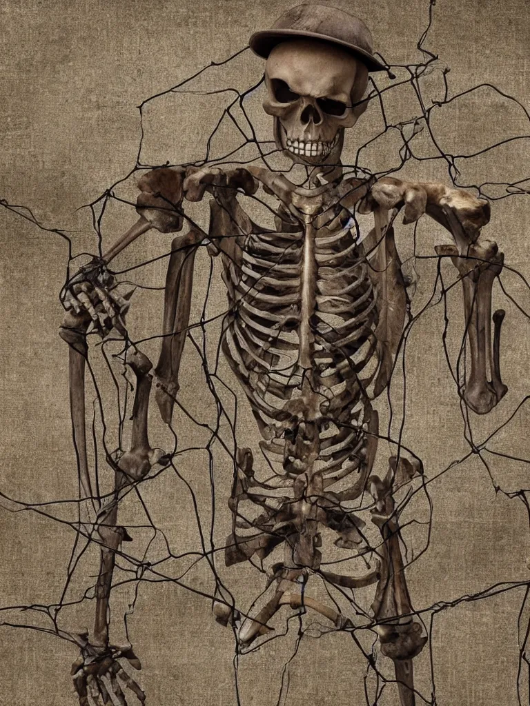 Prompt: old skeleton stuck in extremely dense wires of some mechanism; hyperrealistic, highly detailed