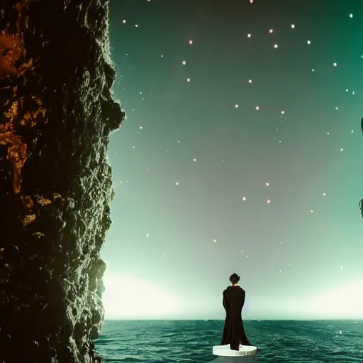 Prompt: the weeknd with a velvet crown and black gown standing on a raised translucent platform in the middle of the sea, night time with milky way in the sky. cinematic, 3 5 mm film, sharpness, nostalgic and melancholic 4 k, 8 k