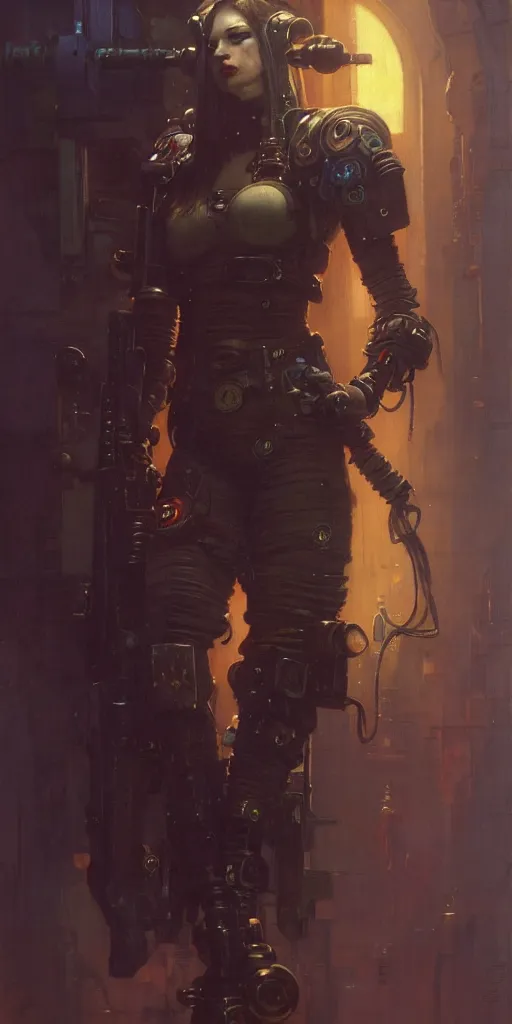 Image similar to full character portrait max mad cyberpunk warhammer 4 0 k, machinist tech girl character design, painting by gaston bussiere, katsuya terada, nc wyeth, greg rutkowski, craig mullins, vermeer, frank frazetta, mucha, tom of finland, trending on artstation, jeffery catherine jones