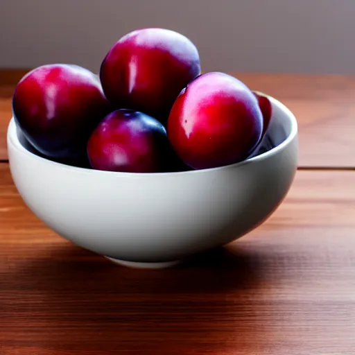 Image similar to photo of a single thick porcelain bowl filled with a few moist freshly picked plums on a wooden table. volumetric lighting. 4 k. small scale. realistic. top down.