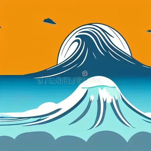 Image similar to giant tsunami wave that is 20 miles high, approaching about to crash into a small coastal town. miniature buildings compared to giant waves are so tall, they seem to touch the sky, large scale image, color vector illustration