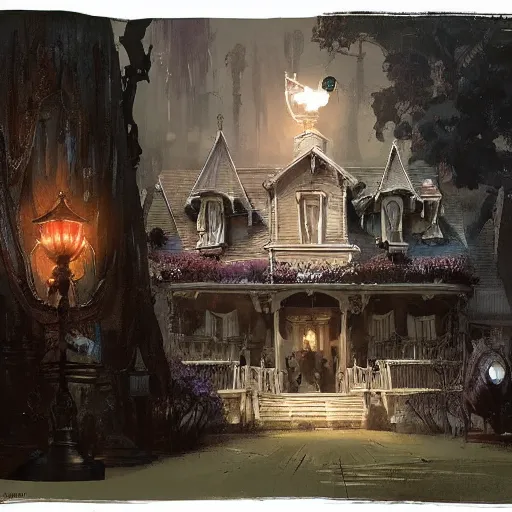 Image similar to disneyland the haunted mansion geog darrow greg rutkowski