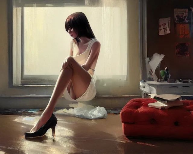 Image similar to A ultradetailed beautiful portrait panting of a stylish woman sitting on the ground of a messy apartment, Oil painting, by Ilya Kuvshinov, Greg Rutkowski and Makoto Shinkai