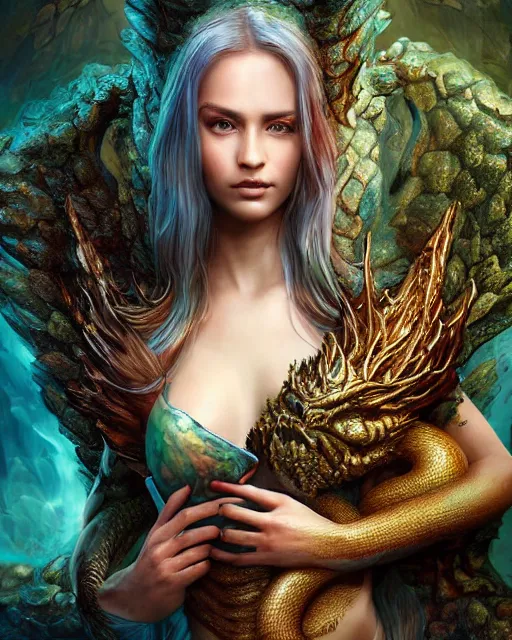 Image similar to portrait high definition photograph beautiful woman holding a dragon fantasy character art, hyper realistic, pretty face, hyperrealism, iridescence water elemental, snake skin armor forest dryad, woody foliage, 8 k dop dof hdr fantasy character art, by aleski briclot and alexander'hollllow'fedosav and laura zalenga