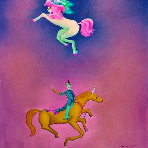 Prompt: A pink unicorn jumping through the air, mystical fantasy, by betty saar