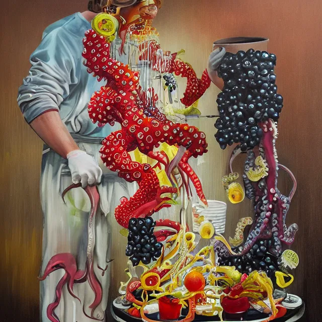 Image similar to a portrait in an elevator, a woman holding pancakes, honey dripping, berries dripping, scientific instruments, ikebana, octopus, neo - expressionism, surrealism, acrylic and spray paint and oilstick on canvas