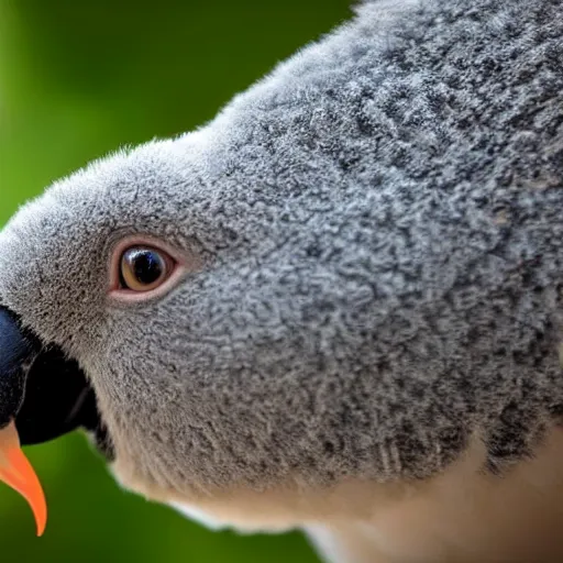 Image similar to award winning nature photograph of a parrot's beak on a koala. focus on the beak. extreme detail, hyperrealistic photo, smooth, trending on artstation