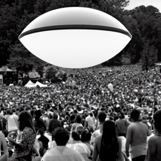 Image similar to a picture of an ufo above an hippie festival in the 6 0's, black and white