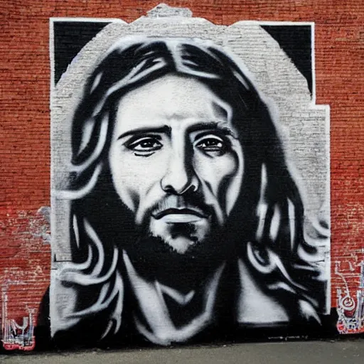 Image similar to Street-art portrait of Jesus in style of Banksy, photorealism