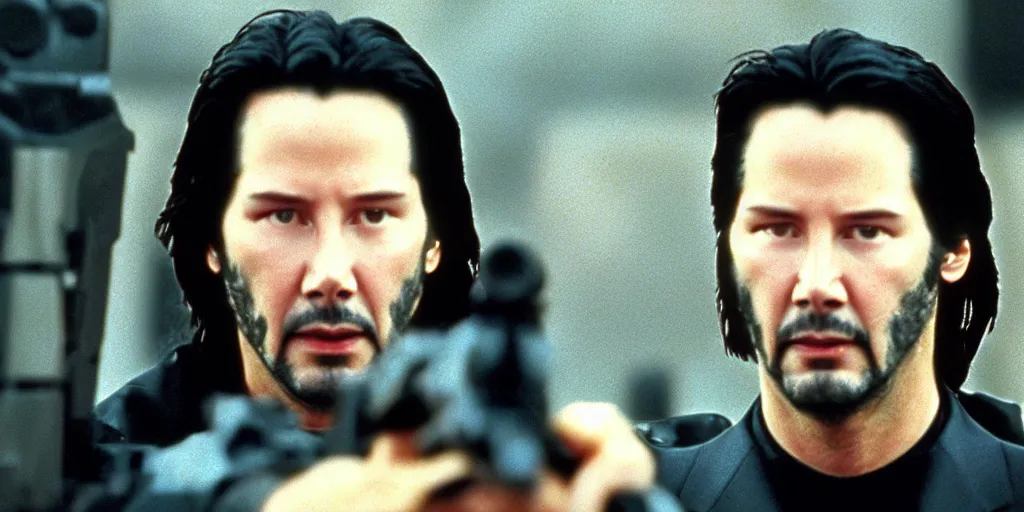 Image similar to beautiful hyperrealism three point perspective film still of Keanu Reeves as neo with machine gun in a motorcycle chase scene in Matrix(1990) extreme closeup portrait in style of 1990s frontiers in translucent porclein miniature street photography seinen manga fashion edition, miniature porcelain model, focus on face, eye contact, tilt shift style scene background, soft lighting, Kodak Portra 400, cinematic style, telephoto by Emmanuel Lubezki