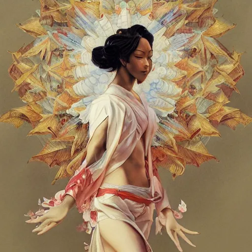 Image similar to highly detailed japanese watercolor painting of an angel in flight, intricate, elegant, digital painting, artstation, in the style of kehinde wiley, krenz cushart, artem demura