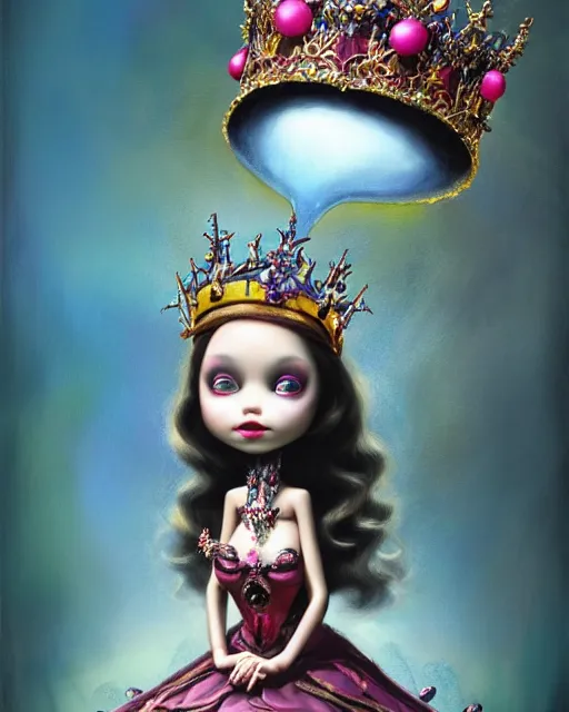 Prompt: closeup profile portrait of a tin toy goth fairytale princess wearing a crown and sitting on a throne, bikini, hyper realistic, artstation, illustration, concept art by nicoletta ceccoli, mark ryden, lostfish, dan decarlo, bob clampett, max fleischer, digital paint, matte paint, vivid colors, bright, cheerful, detailed and intricate environment