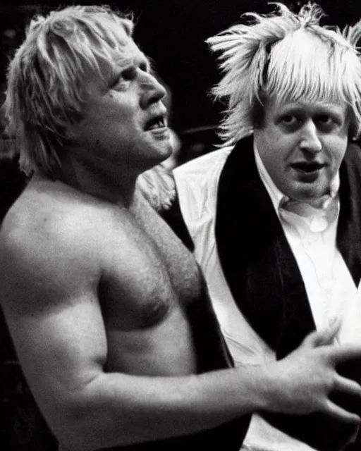 Prompt: film still close - up shot of boris johnson as a wrestler from the movie monty python's the meaning of life. photographic, photography