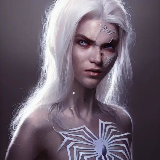 Image similar to full body portrait of white haired girl in spider man suit, super hero, webs, highly detailed, very beautiful face, very detailed eyes, digital art, artstation, concept art, smooth, sharp focus, greg rutkowski, wlop