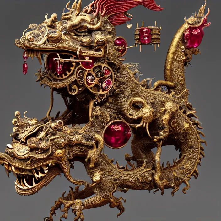 Prompt: highly detailed ancient clockwork artifact depicting a chinese dragon made of bronze and ivory and encrusted with precious rubies, beautiful patina, ethereal, esoteric, zbrush sculpt, octane render, intricate, ornate, cinematic lighting, hyperrealistic, ancient steampunk vibe