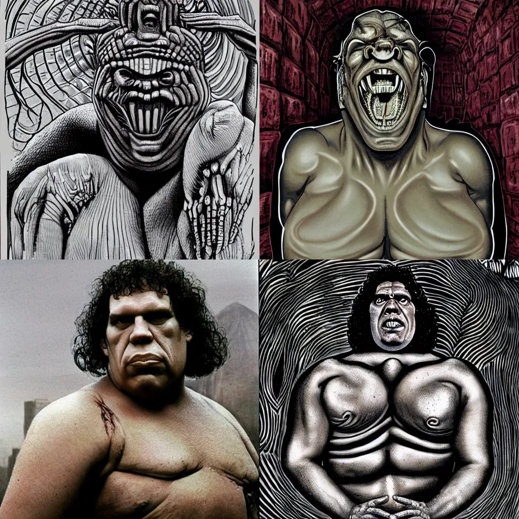 Prompt: andre the giant in the style of h.r. giger, david cronenberg