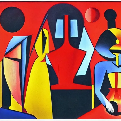 Prompt: the woman has a red shirt and yellow hat, an art deco painting by oskar schlemmer, behance, fauvism, fauvism, surrealist, picasso